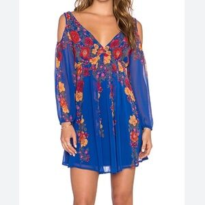 Free People Penny Lover Mini Dress in Cobalt Combo Floral Print Size L